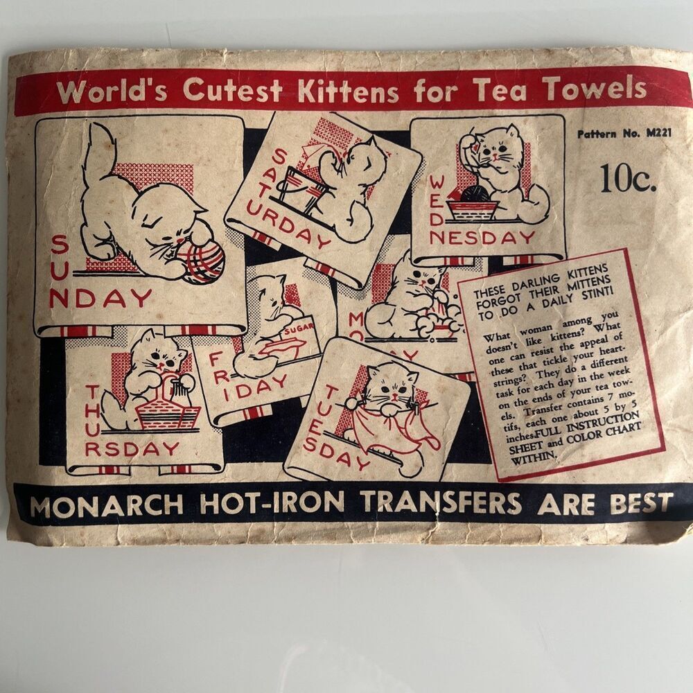 Vintage 1940’s Monarch Hot Iron Transfer Set Kitty Day of Week Dish Tea Towels